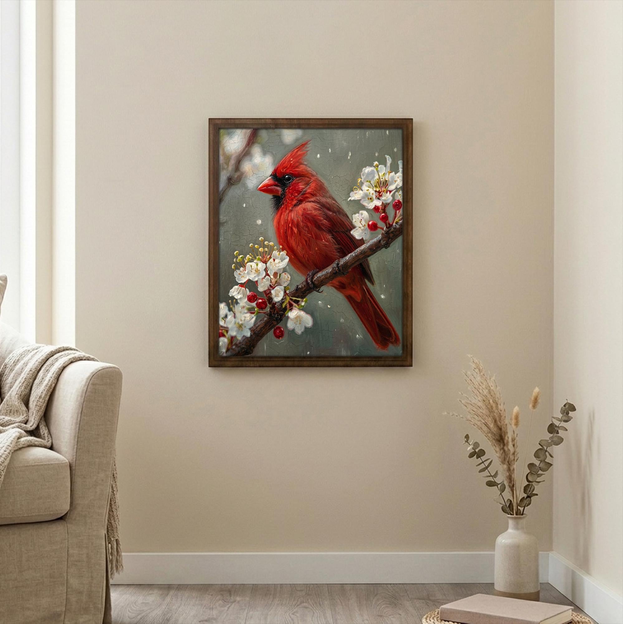 Red Cardinal Print, Cardinal Bird Art, Rectangle Wood Frame, Wildlife Oil Painting, Cardinal Remembrance, Framed Canvas Art, Vintage Decor