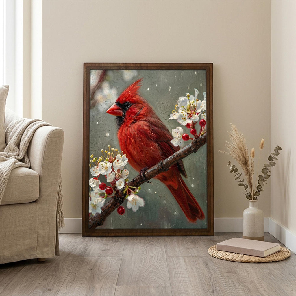 Red Cardinal Print, Cardinal Bird Art, Rectangle Wood Frame, Wildlife Oil Painting, Cardinal Remembrance, Framed Canvas Art, Vintage Decor