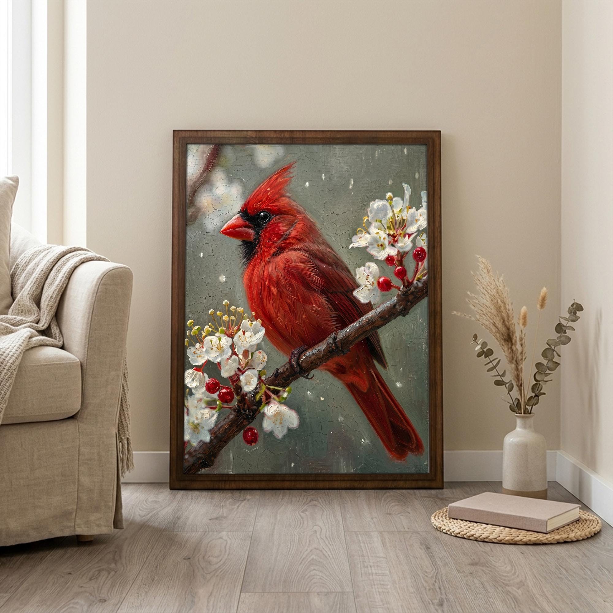 Red Cardinal Print, Cardinal Bird Art, Rectangle Wood Frame, Wildlife Oil Painting, Cardinal Remembrance, Framed Canvas Art, Vintage Decor
