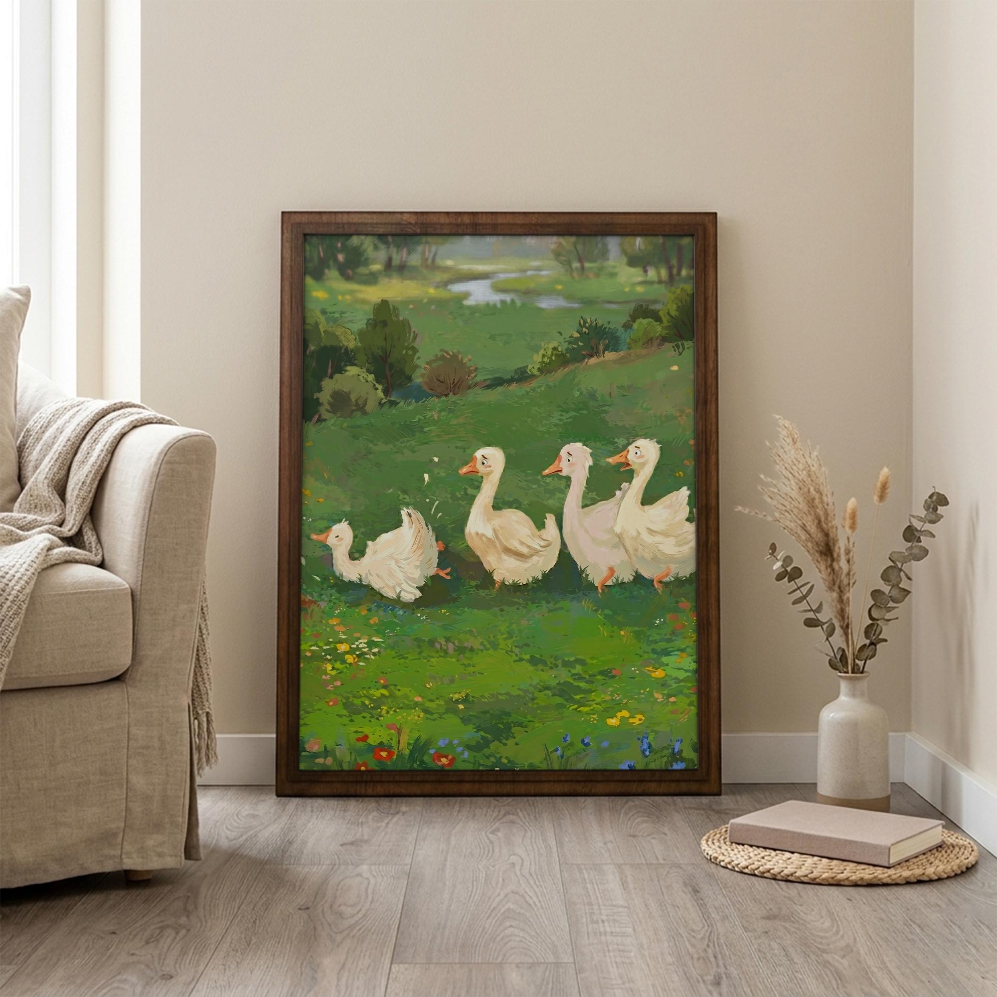Duck Nursery Wall Art, Cute Goose Oil Painting, Kids Room Decor, Framed Canvas Wood Art, Farmhouse Animal Decor, Whimsical Duckling Print