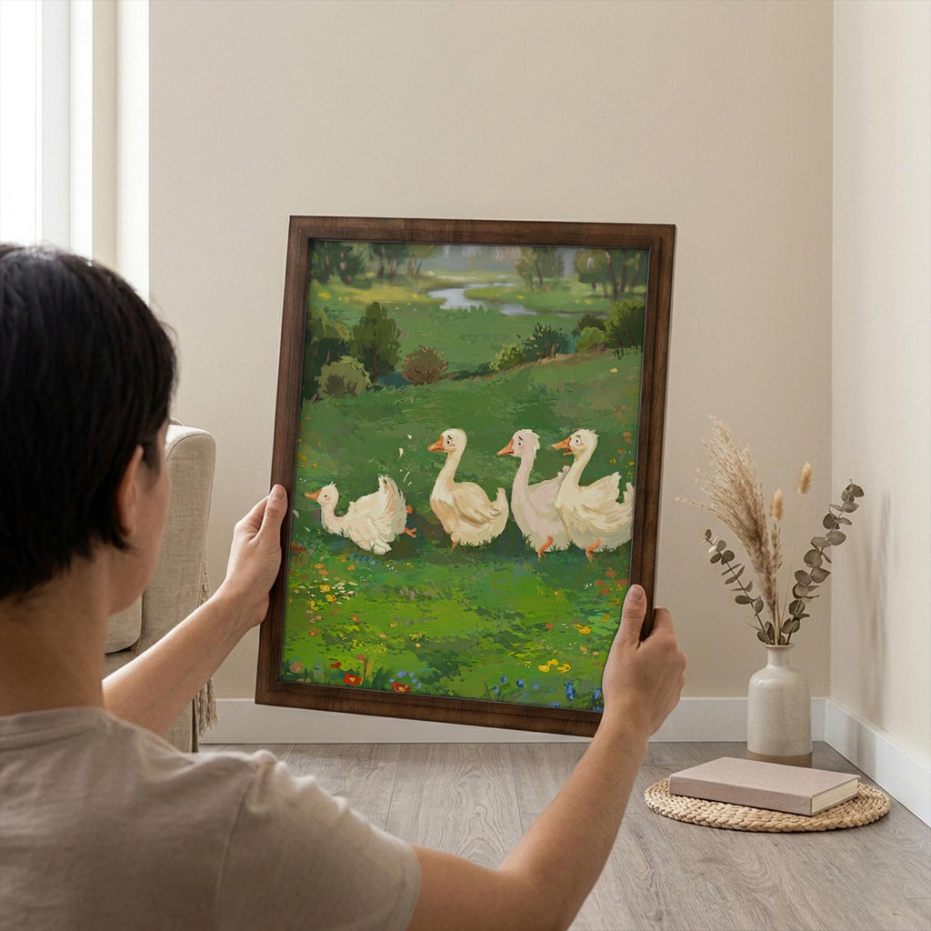 Duck Nursery Wall Art, Cute Goose Oil Painting, Kids Room Decor, Framed Canvas Wood Art, Farmhouse Animal Decor, Whimsical Duckling Print