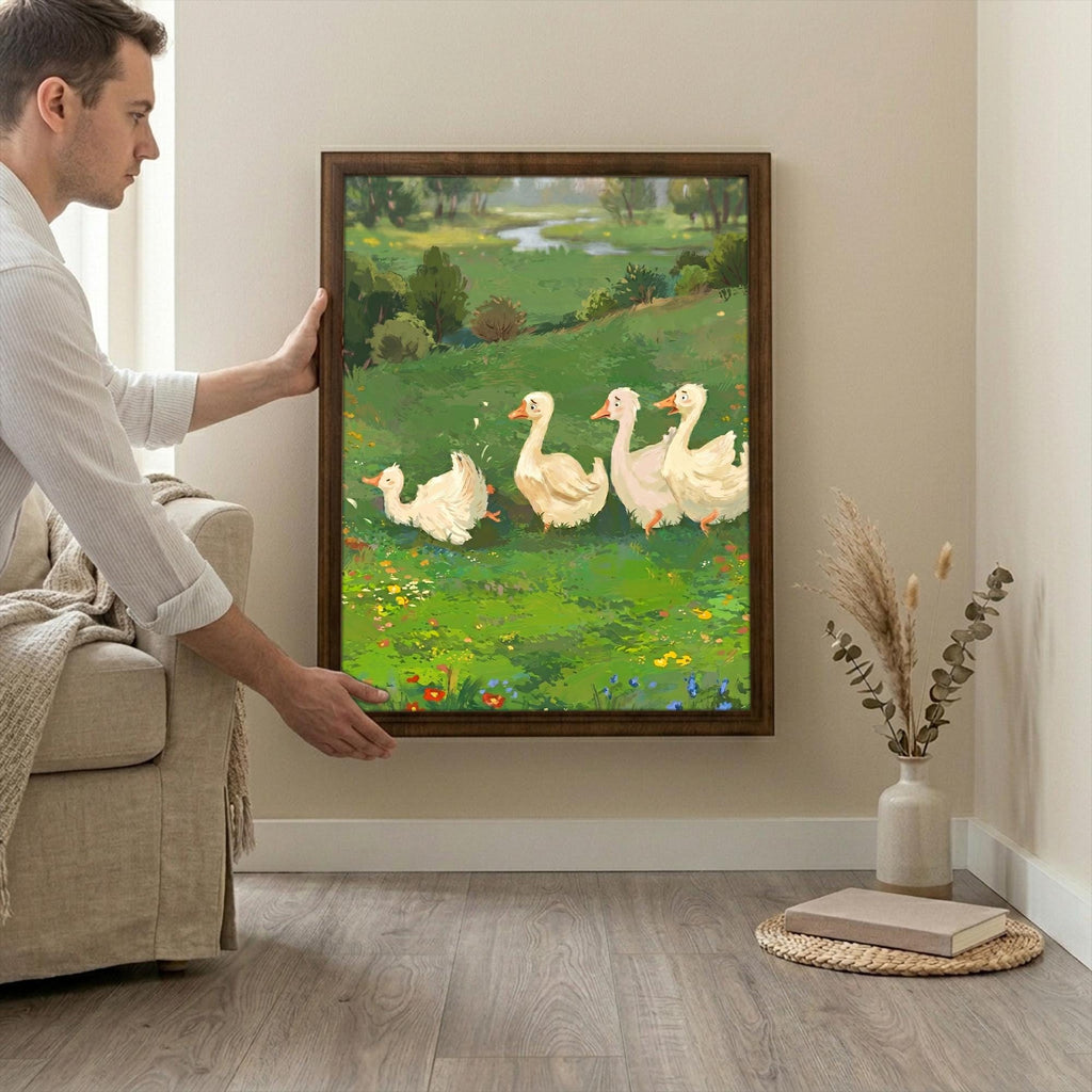 Duck Nursery Wall Art, Cute Goose Oil Painting, Kids Room Decor, Framed Canvas Wood Art, Farmhouse Animal Decor, Whimsical Duckling Print