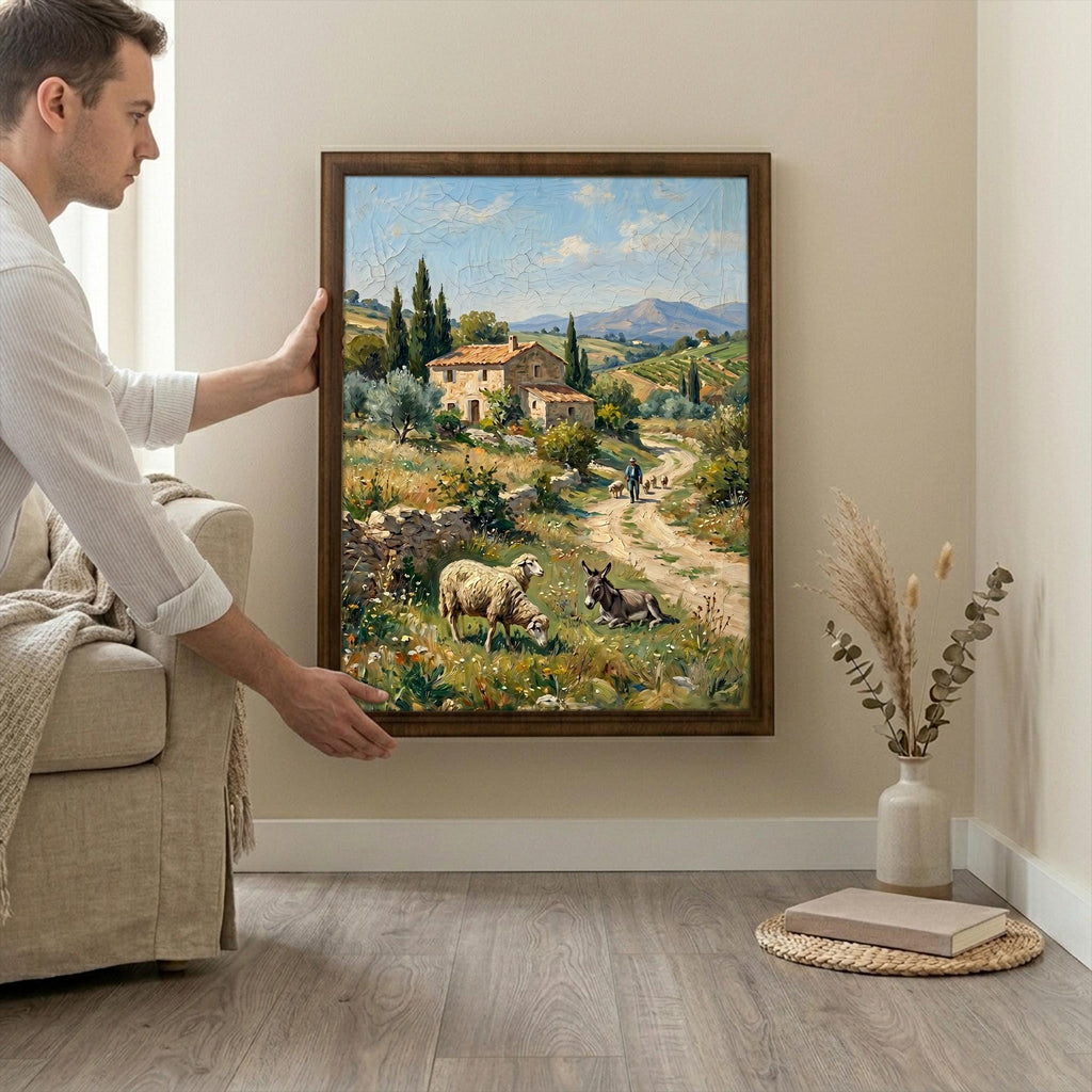 Tuscany Landscape Art, Countryside Wall Art, Framed Canvas Wood Art, Italian Villa Decor, Farmhouse Sheep Painting, Rustic Home Decor