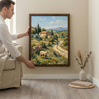 Tuscany Landscape Art, Countryside Wall Art, Framed Canvas Wood Art, Italian Villa Decor, Farmhouse Sheep Painting, Rustic Home Decor