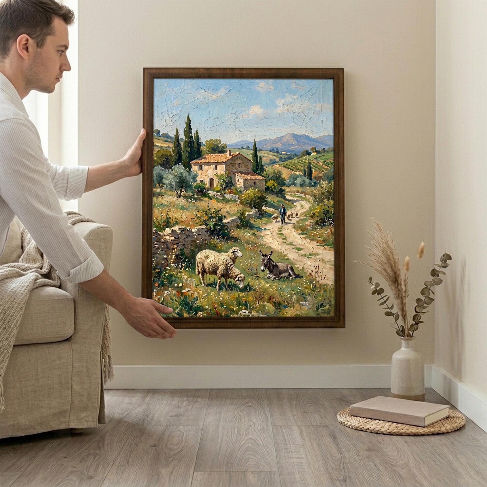 Tuscany Landscape Art, Countryside Wall Art, Framed Canvas Wood Art, Italian Villa Decor, Farmhouse Sheep Painting, Rustic Home Decor