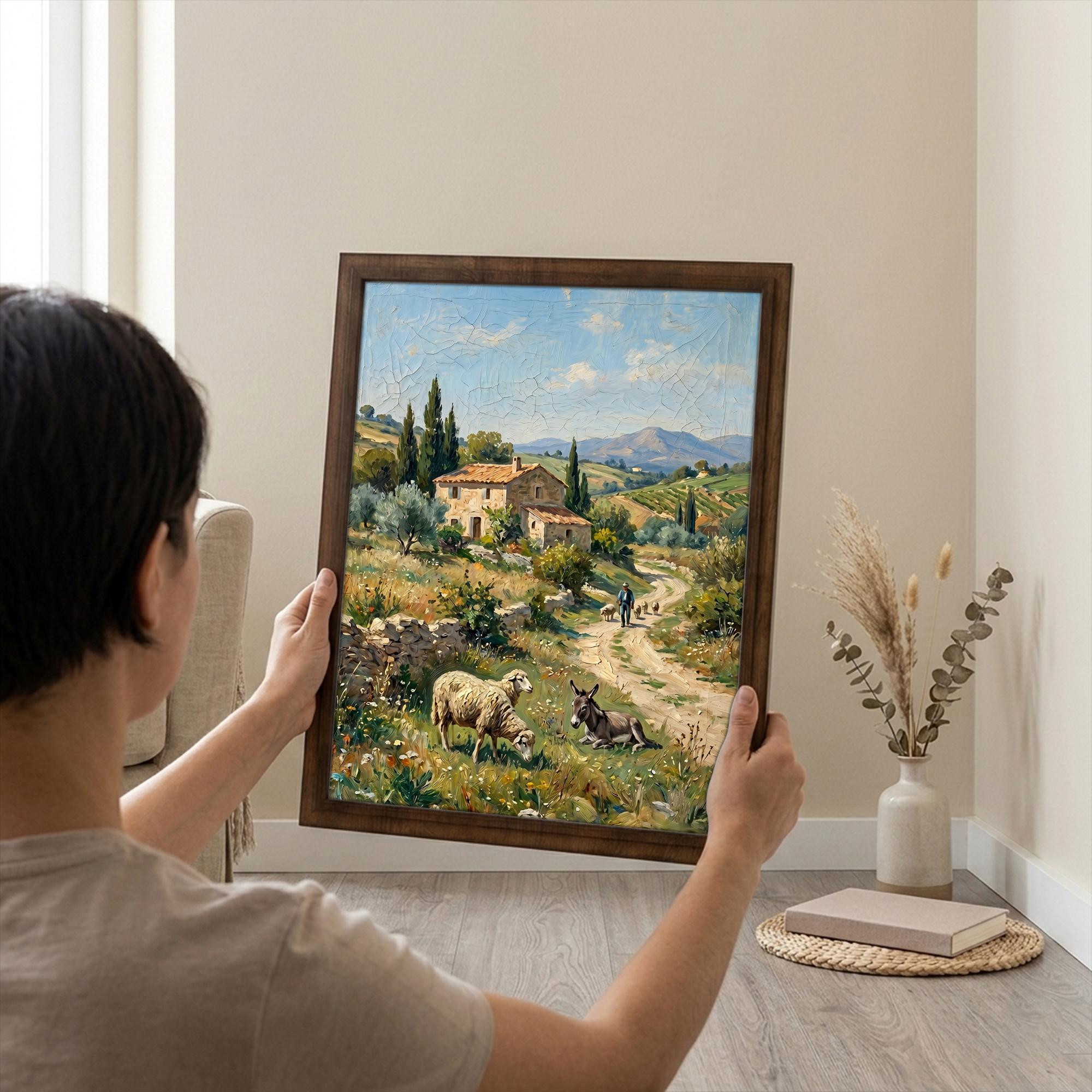 Tuscany Landscape Art, Countryside Wall Art, Framed Canvas Wood Art, Italian Villa Decor, Farmhouse Sheep Painting, Rustic Home Decor