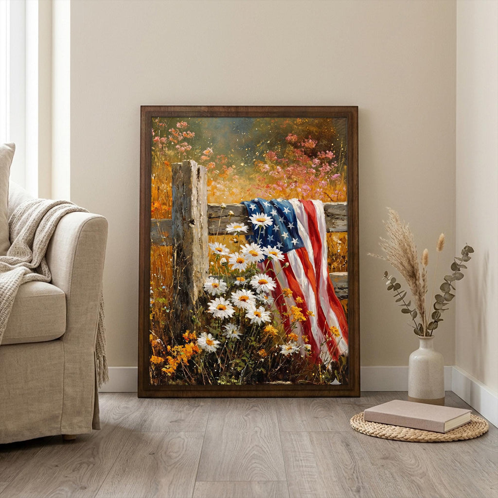 Patriotic Wall Art, American Flag Decor, Rustic 4th of July, Framed Canvas Wood Art, Country Daisy Painting, Veterans Day Gift