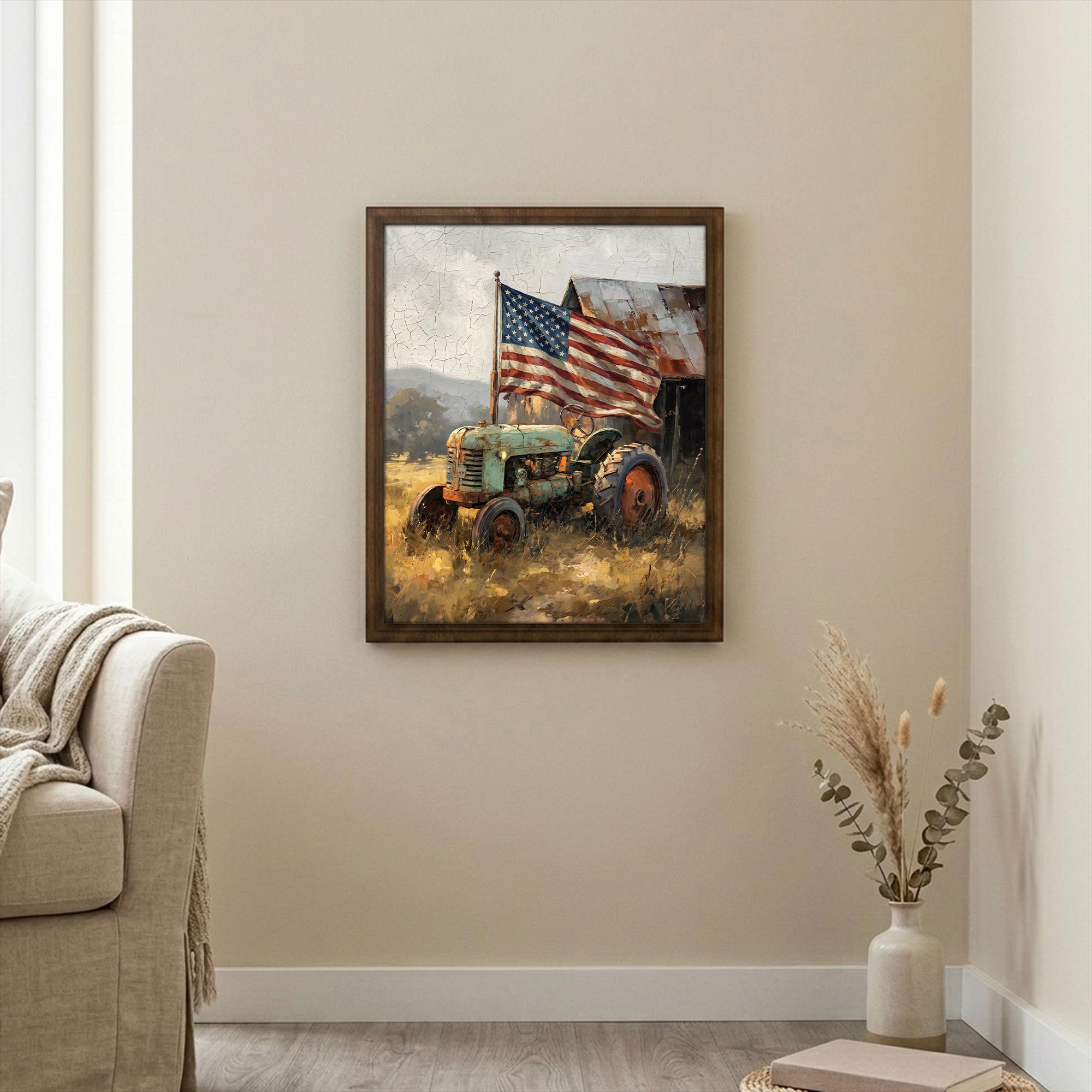 Patriotic Tractor Wall Art, American Flag Canvas, Vintage Farmhouse Decor, Rustic Barn Painting, 3D Layered Wood Frame, US Flag Gift