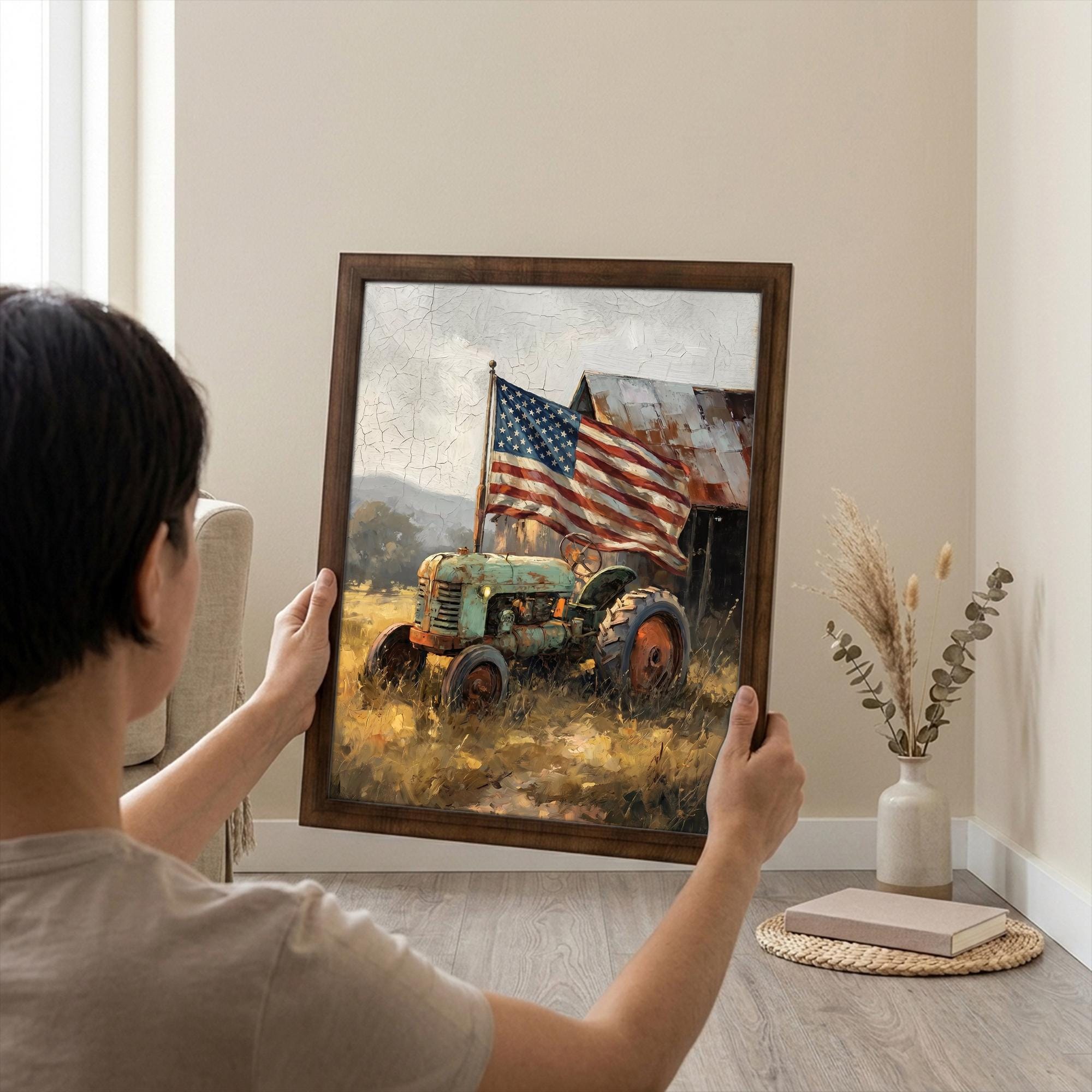 Patriotic Tractor Wall Art, American Flag Canvas, Vintage Farmhouse Decor, Rustic Barn Painting, 3D Layered Wood Frame, US Flag Gift