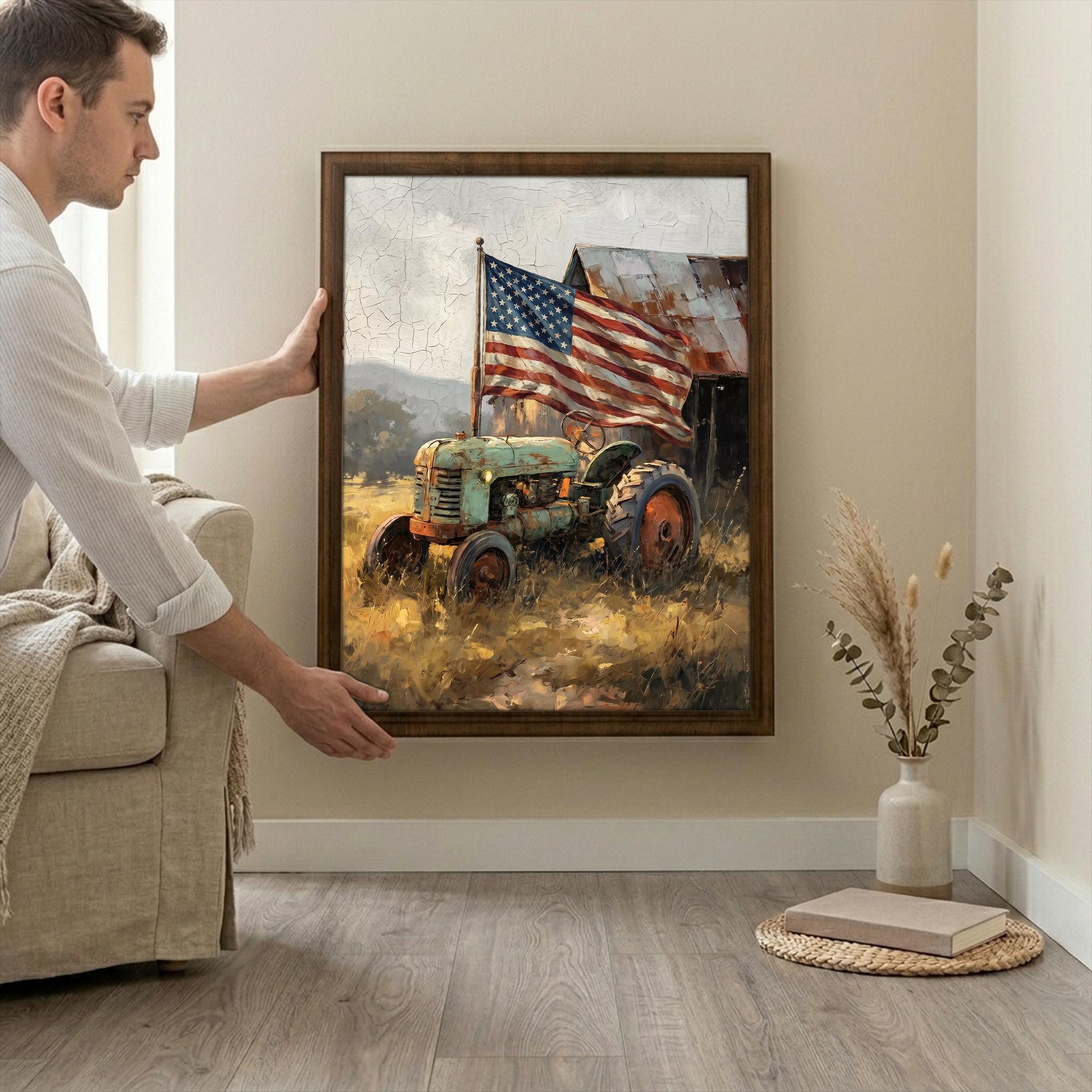 Patriotic Tractor Wall Art, American Flag Canvas, Vintage Farmhouse Decor, Rustic Barn Painting, 3D Layered Wood Frame, US Flag Gift