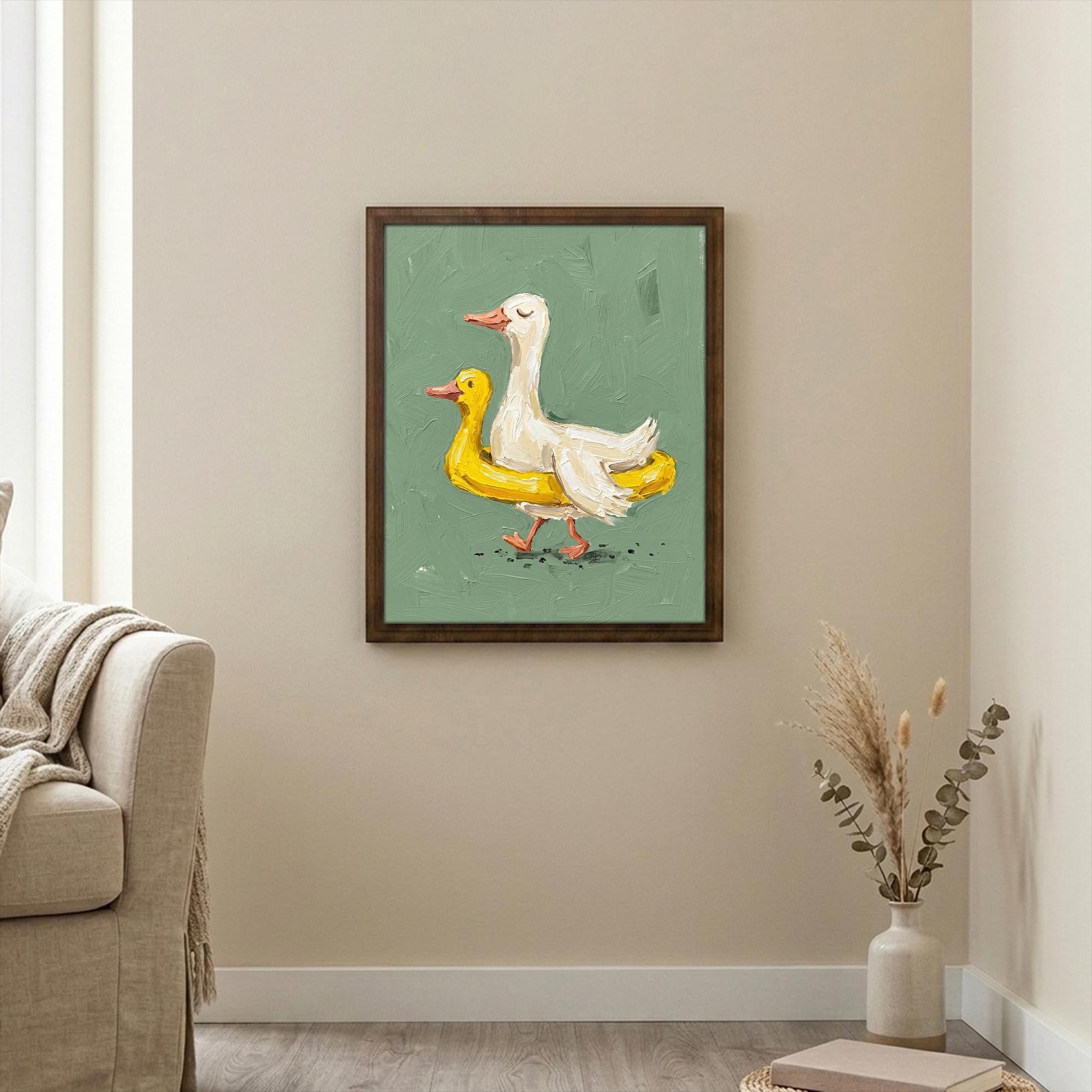 Funny duck wall art, Cute duckling decor, Sage green wall art, Whimsical nursery sign, Country kitchen decor, Wooden canvas framed art