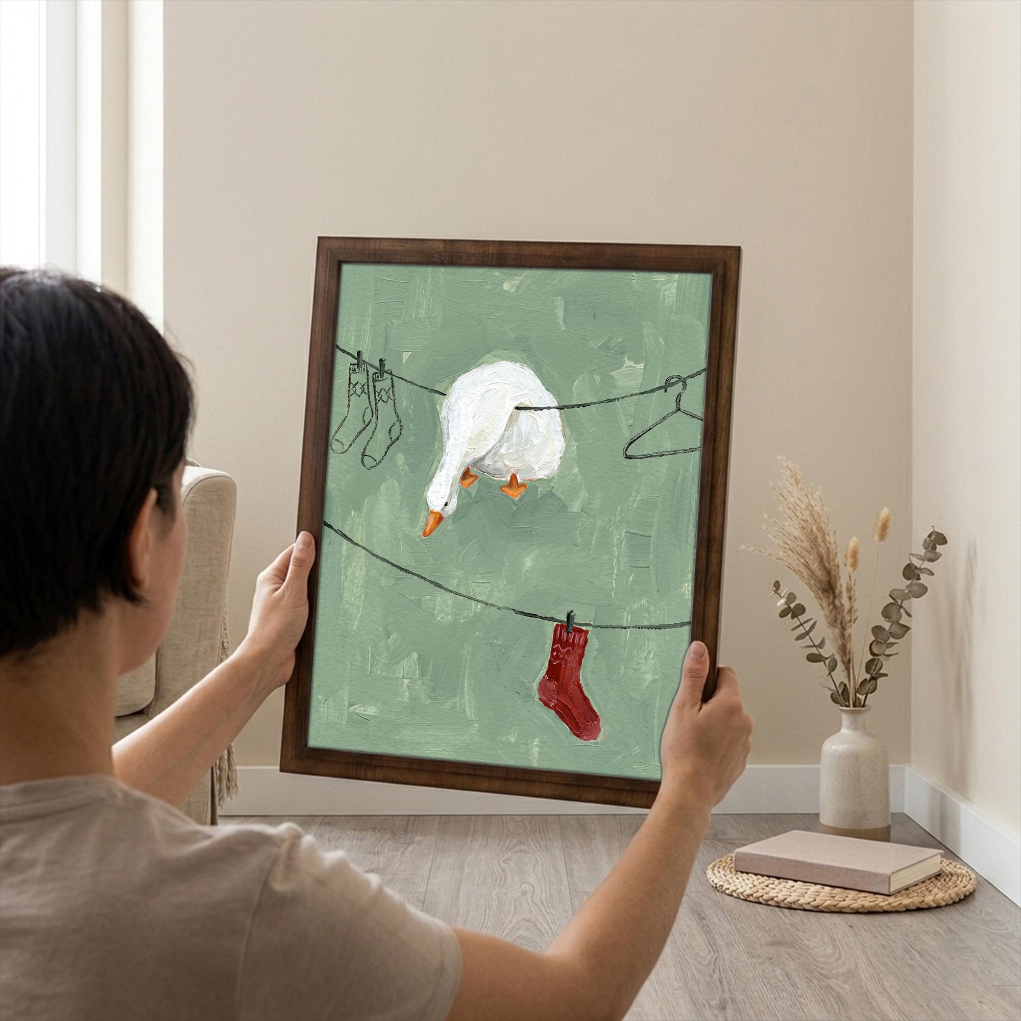 Funny goose wall art, Laundry room decor, Sage green wall art, Cute duck sign, Whimsical cottagecore art, Framed wood canvas, Goose print