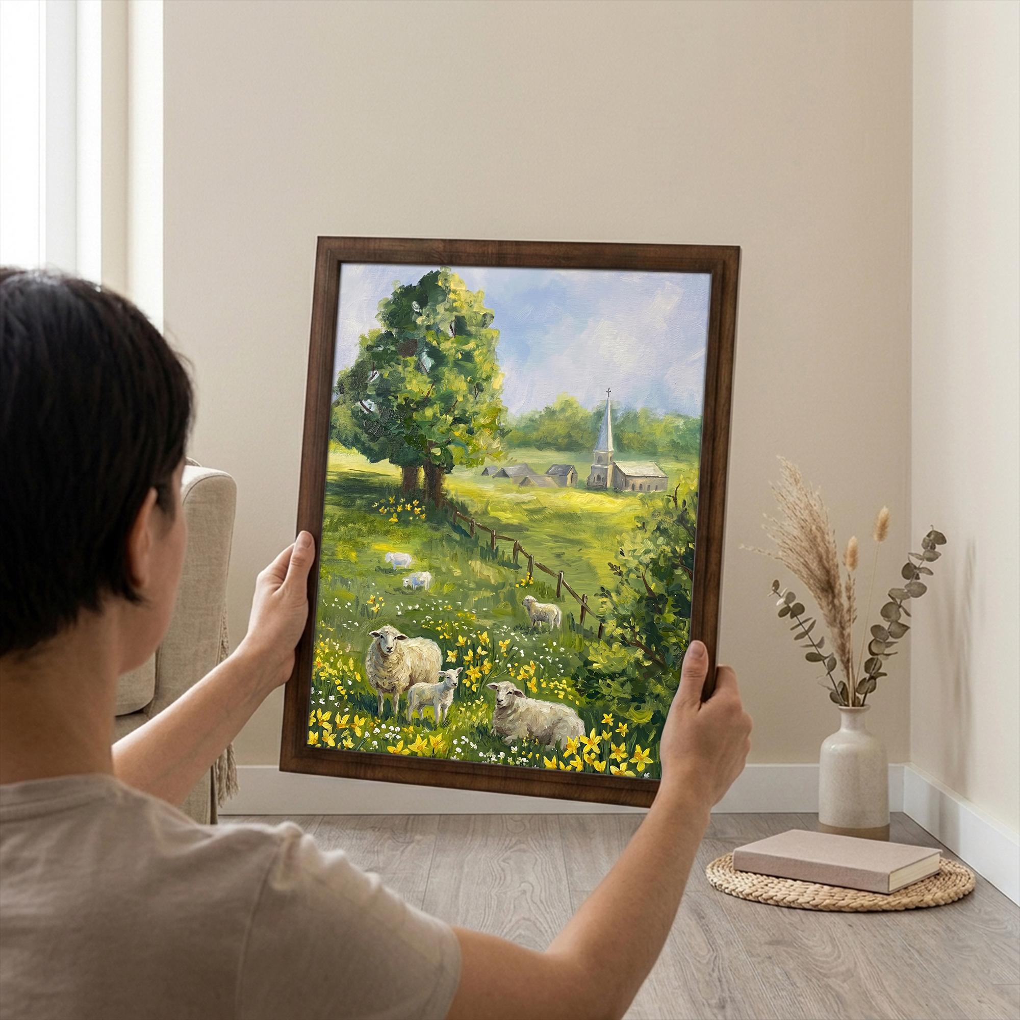 Farmhouse wall decor, Sheep landscape art, Country countryside print, Rustic meadow painting, Irish cottage sign, Framed wood canvas decor