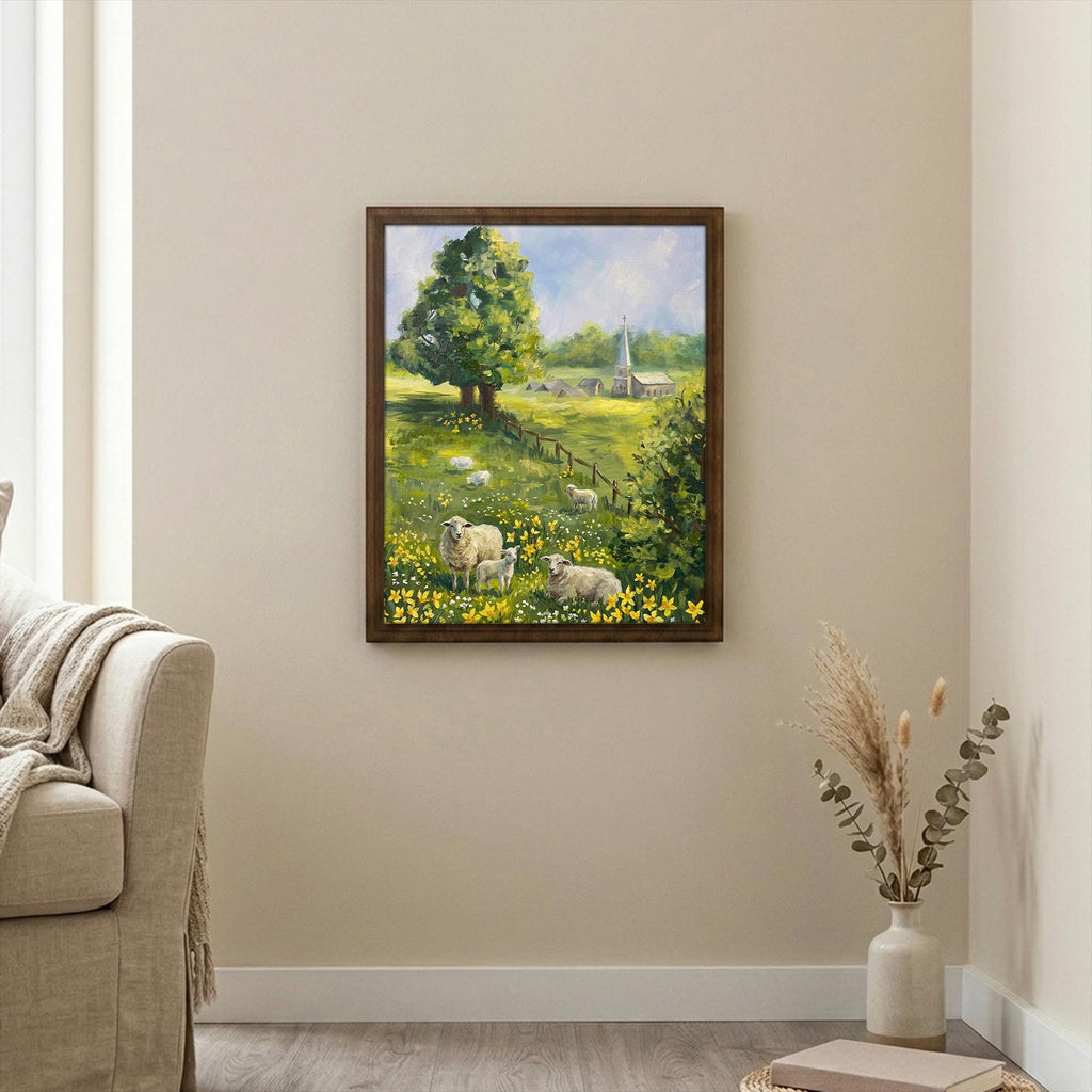 Farmhouse wall decor, Sheep landscape art, Country countryside print, Rustic meadow painting, Irish cottage sign, Framed wood canvas decor
