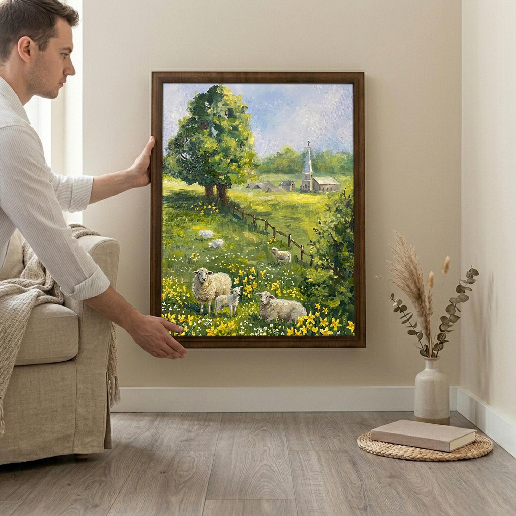 Farmhouse wall decor, Sheep landscape art, Country countryside print, Rustic meadow painting, Irish cottage sign, Framed wood canvas decor