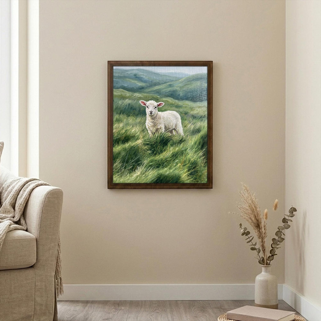 Cute lamb wall art, Farmhouse decor, Sweet baby sheep print, Nursery animal sign, Country highland art, Framed wood canvas, Cottagecore