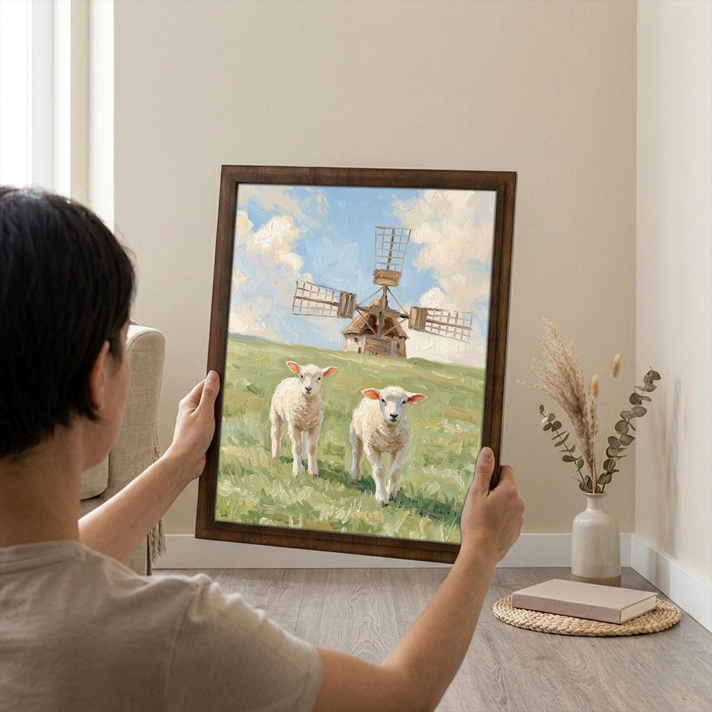 Farmhouse wall decor, Windmill landscape art, Cute lambs painting, Country meadow print, Rustic cottage sign, Framed wood canvas decor