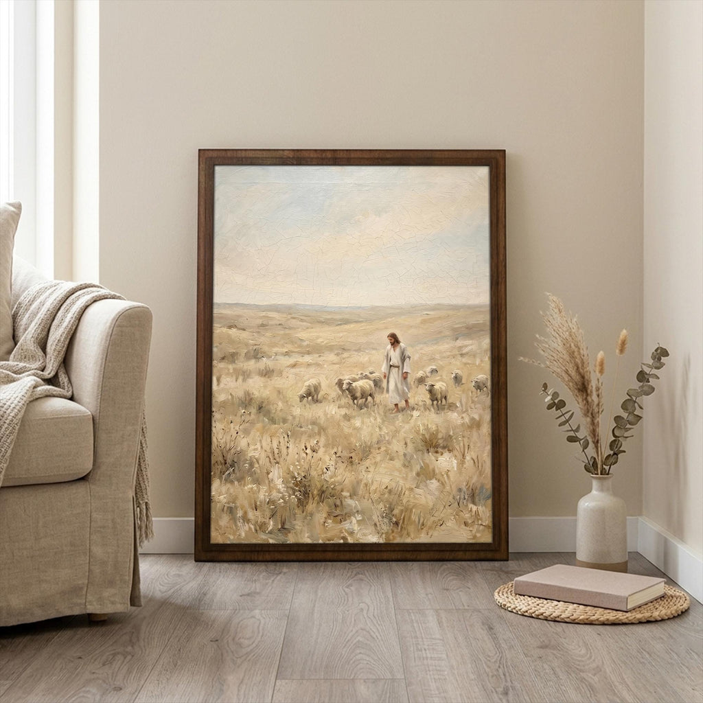 Jesus Christ wall art, The good shepherd print, Christian home decor, Scripture wood sign, LDS religious painting, Framed canvas artwork