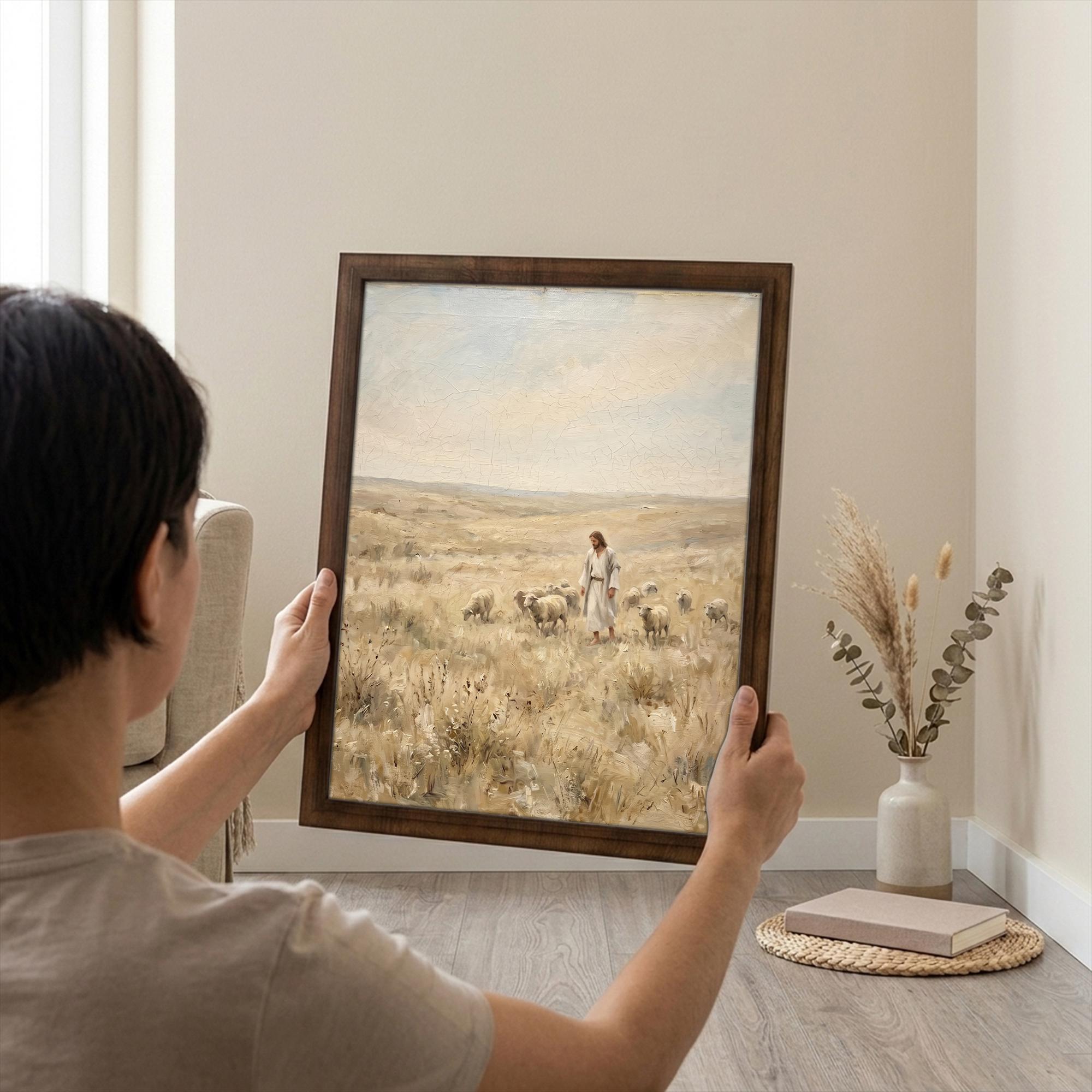 Jesus Christ wall art, The good shepherd print, Christian home decor, Scripture wood sign, LDS religious painting, Framed canvas artwork