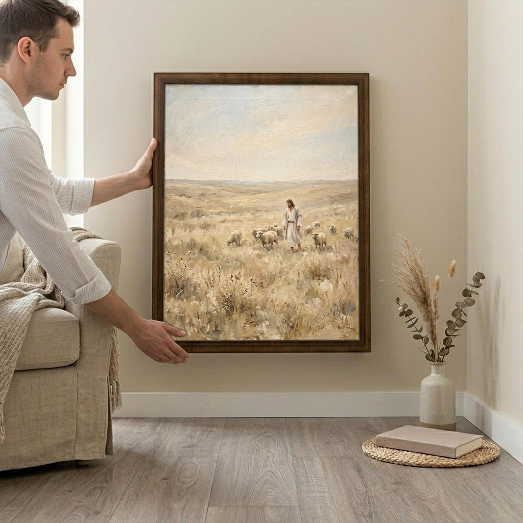 Jesus Christ wall art, The good shepherd print, Christian home decor, Scripture wood sign, LDS religious painting, Framed canvas artwork