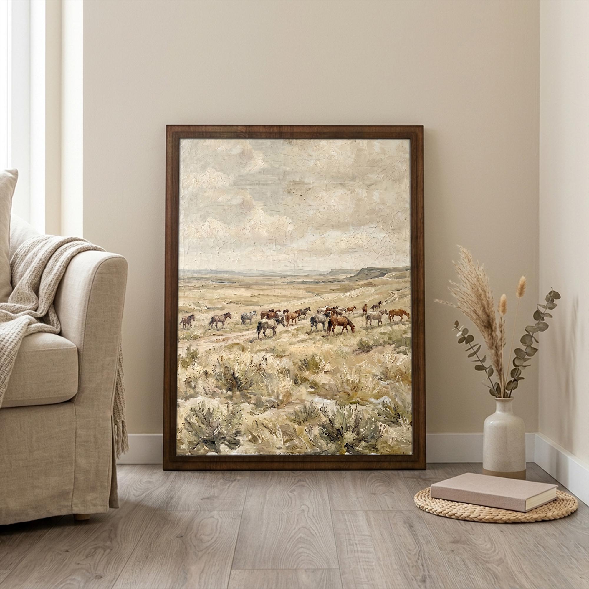 Wild horse wall art, Western landscape print, Running horses painting, Vintage southwest decor, Rustic farmhouse sign, Framed wood canvas