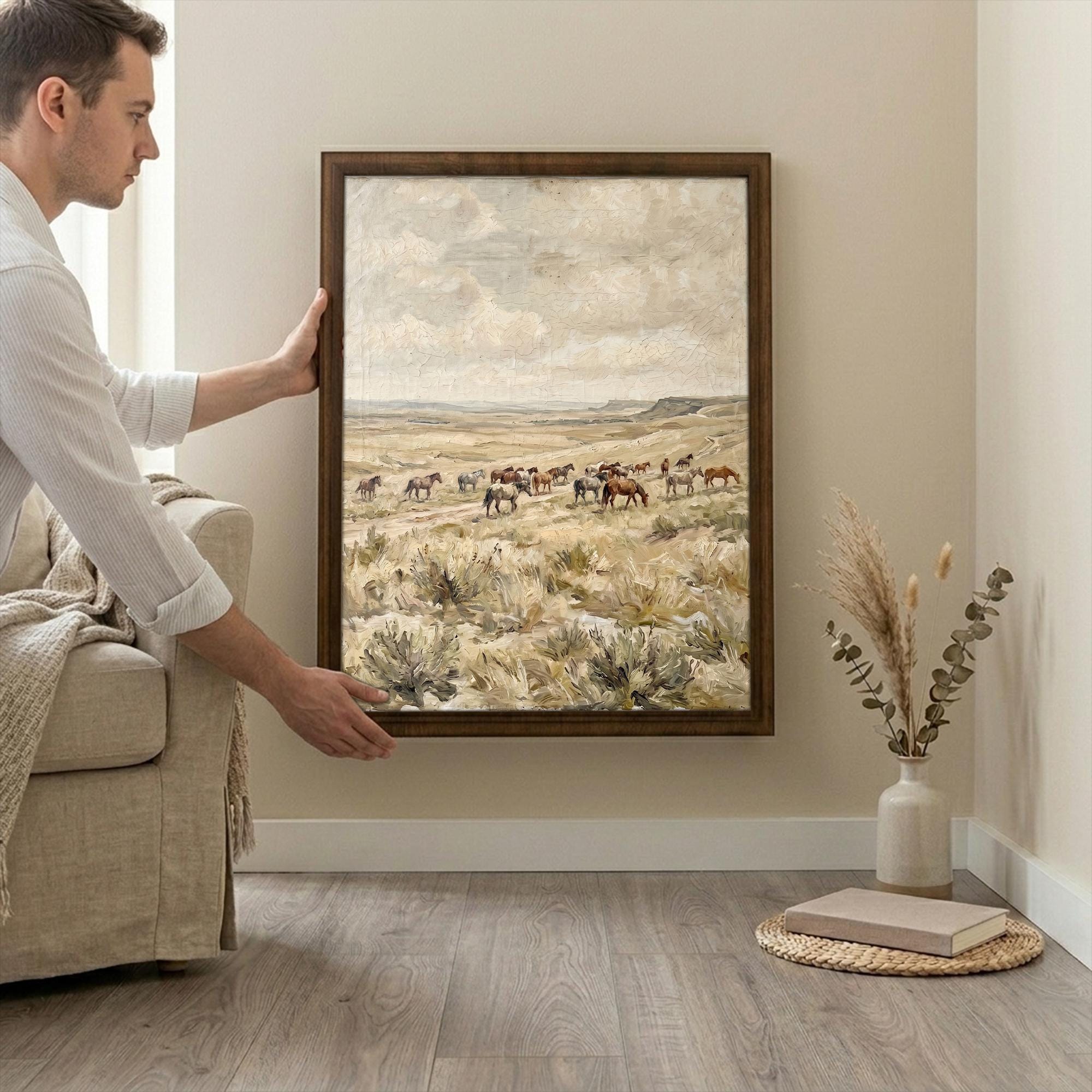 Wild horse wall art, Western landscape print, Running horses painting, Vintage southwest decor, Rustic farmhouse sign, Framed wood canvas