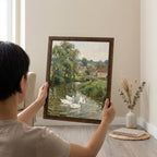 Duck pond wall art, Countryside landscape, Vintage cottage print, Rustic river painting, Farmhouse wall decor, Framed wood canvas art