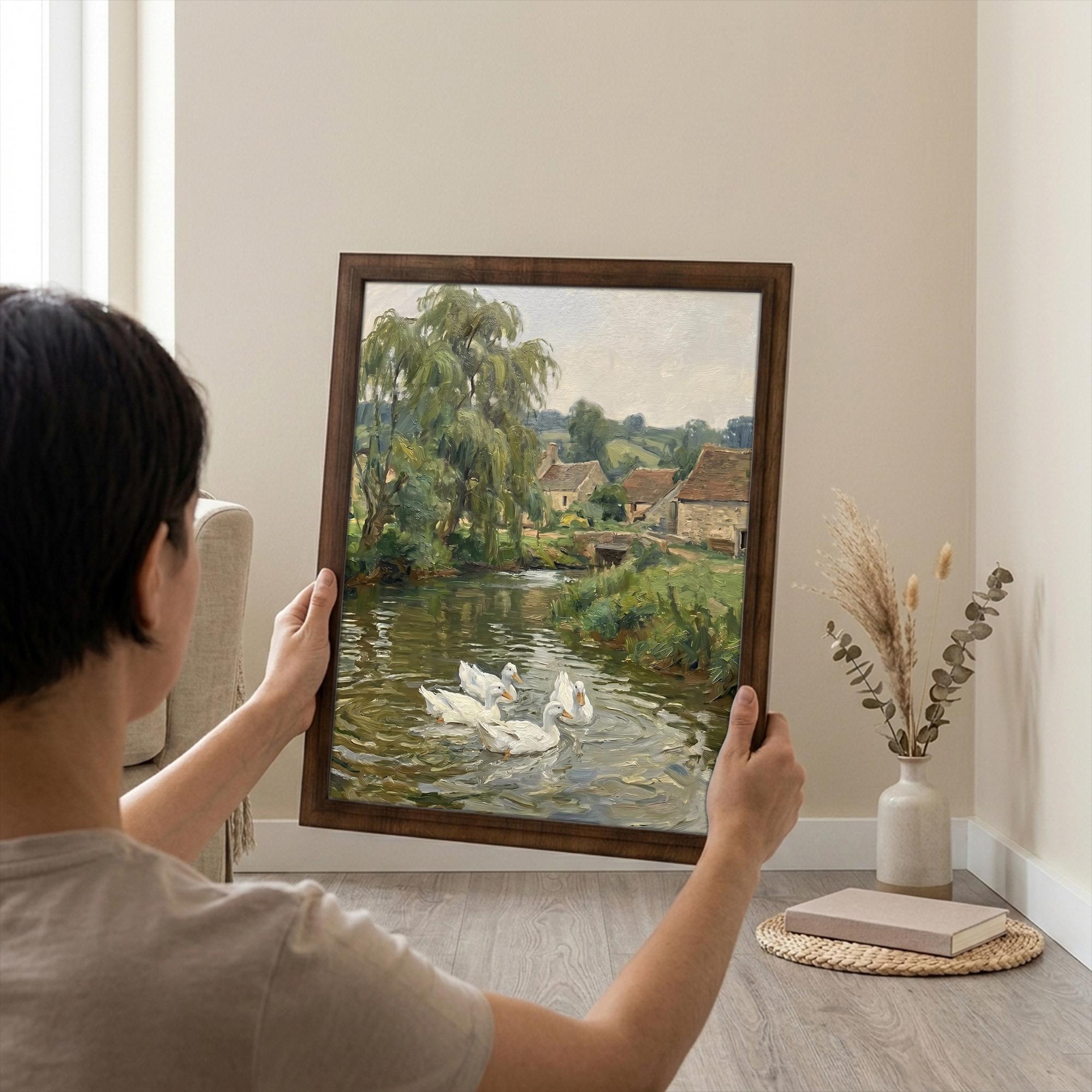 Duck pond wall art, Countryside landscape, Vintage cottage print, Rustic river painting, Farmhouse wall decor, Framed wood canvas art
