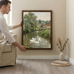 Duck pond wall art, Countryside landscape, Vintage cottage print, Rustic river painting, Farmhouse wall decor, Framed wood canvas art