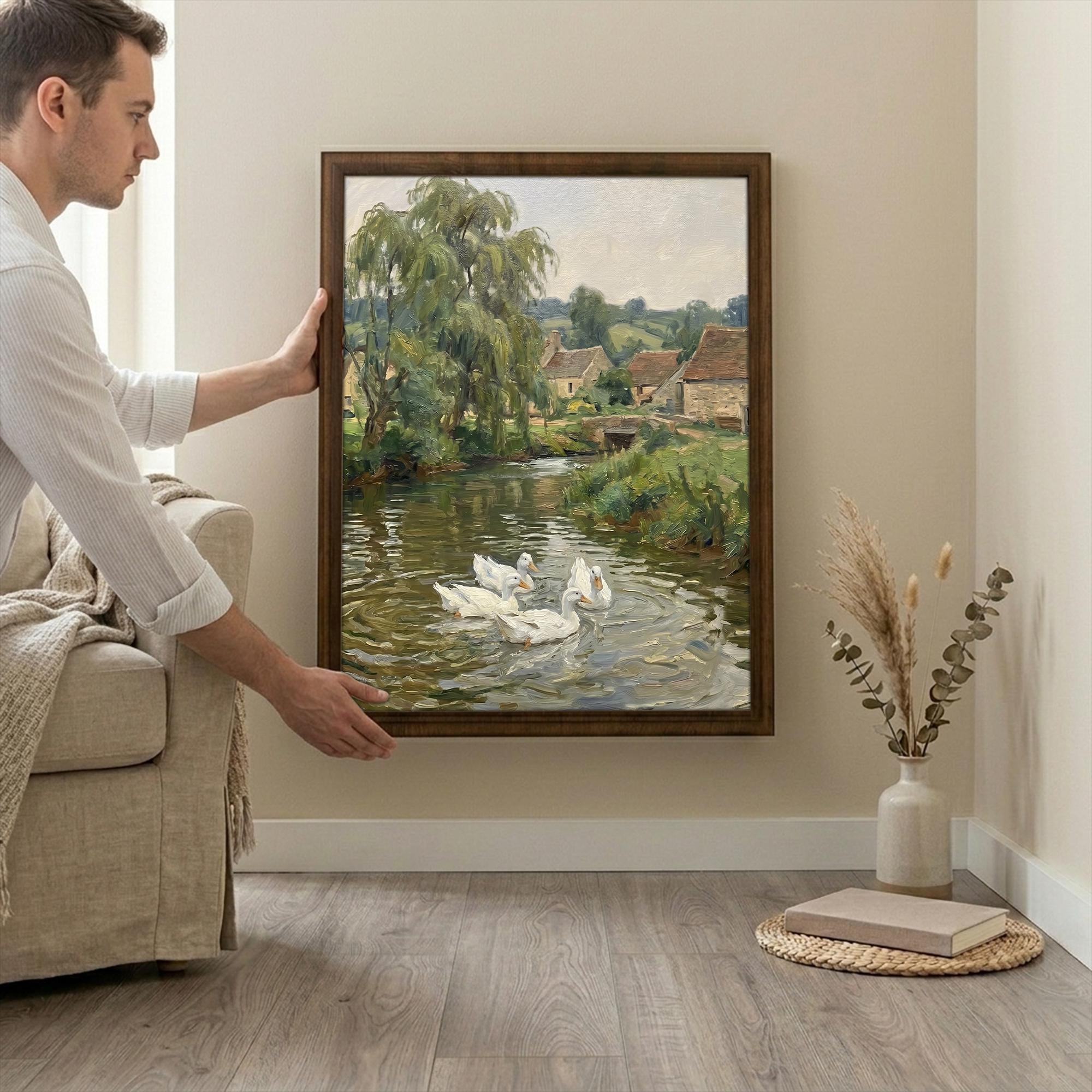 Duck pond wall art, Countryside landscape, Vintage cottage print, Rustic river painting, Farmhouse wall decor, Framed wood canvas art