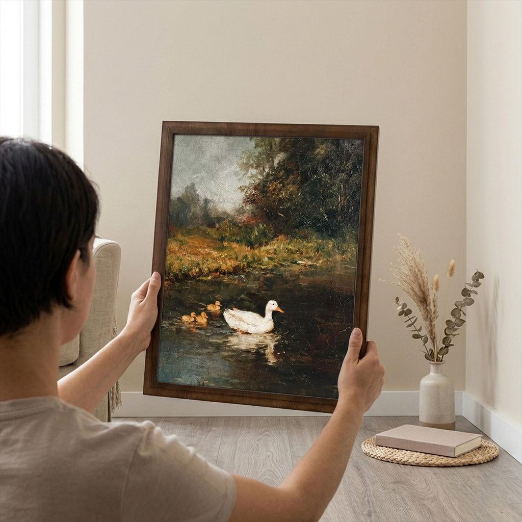 Framed Vintage Duck Painting, Antique Oil Painting Canvas, Moody White Duck Art, Rustic Farmhouse Decor, Country Pond Landscape Wall Art