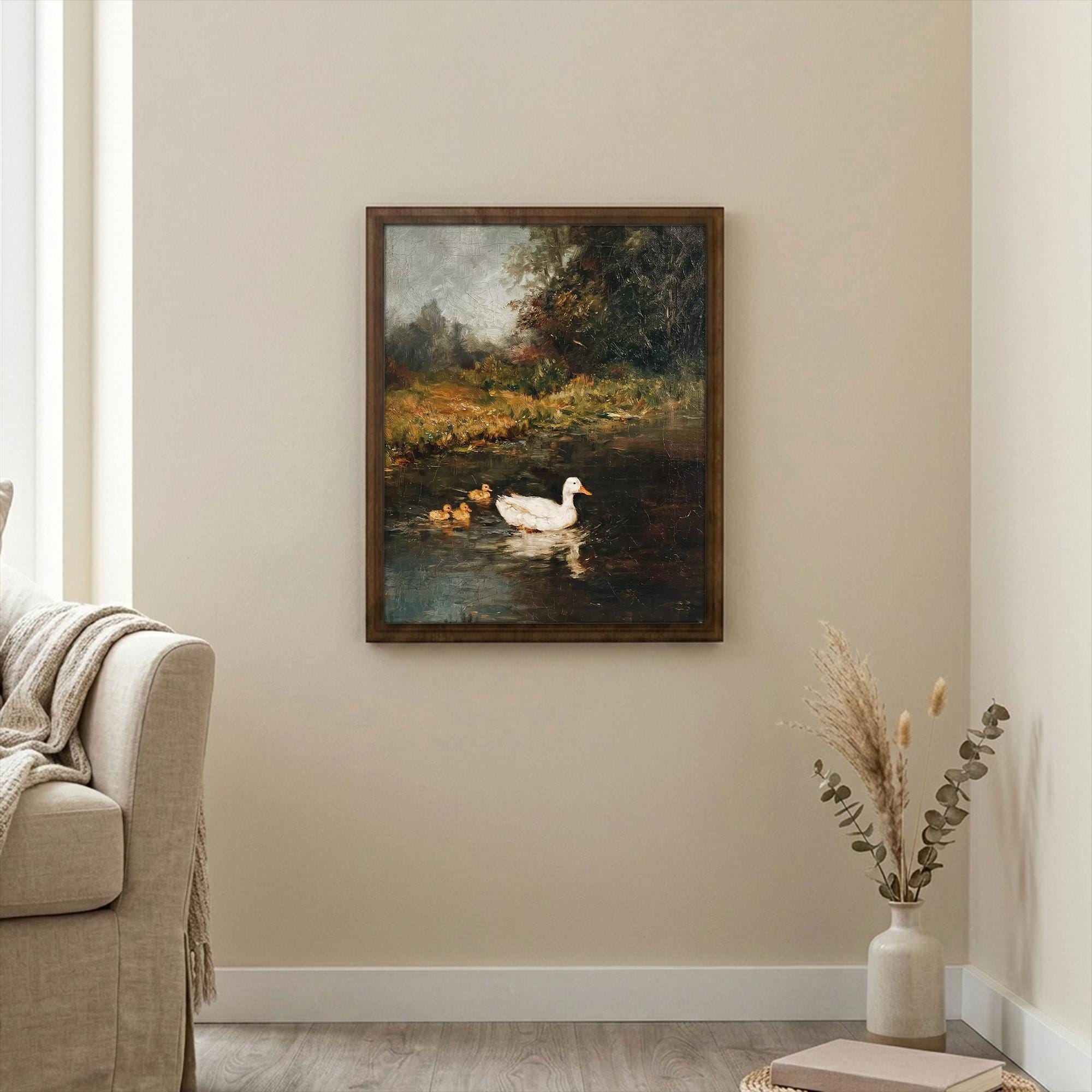 Framed Vintage Duck Painting, Antique Oil Painting Canvas, Moody White Duck Art, Rustic Farmhouse Decor, Country Pond Landscape Wall Art