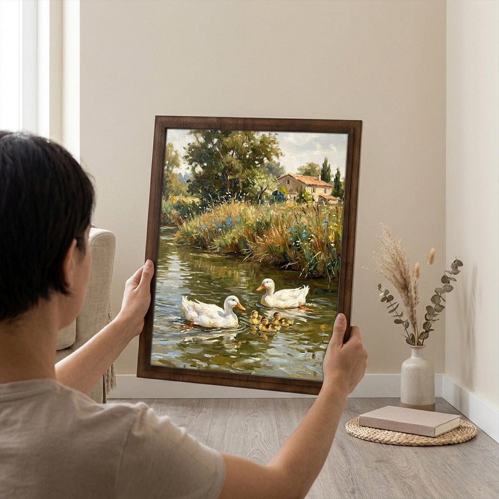 Duck Oil Painting, Countryside Landscape Wall Art, Farmhouse Decor, Framed Canvas Wood Art, Cottagecore Decor, Rustic Nature Art, Duck Print