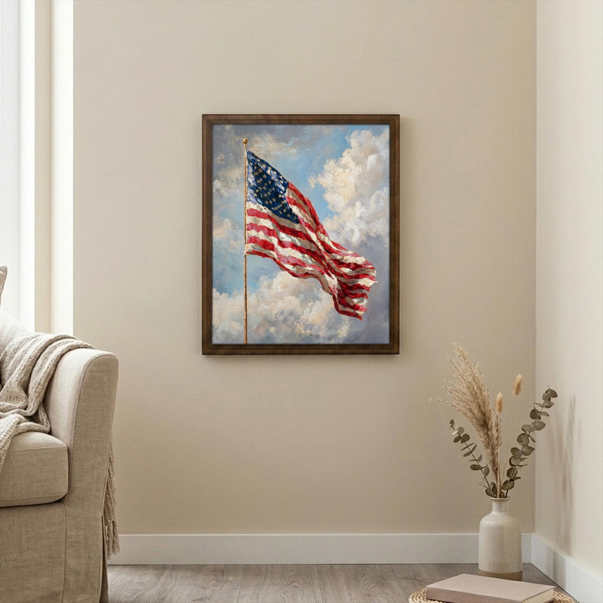American Flag Wall Art, US Flag Oil Painting, Patriotic Home Decor, Framed Canvas Wood Art, 4th of July Decor, Vintage USA Flag, Flag Print