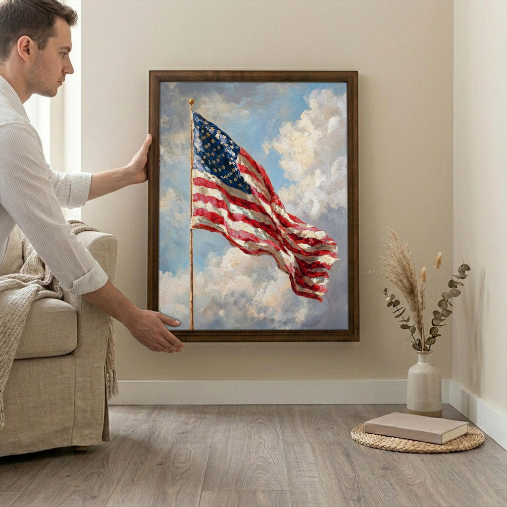American Flag Wall Art, US Flag Oil Painting, Patriotic Home Decor, Framed Canvas Wood Art, 4th of July Decor, Vintage USA Flag, Flag Print