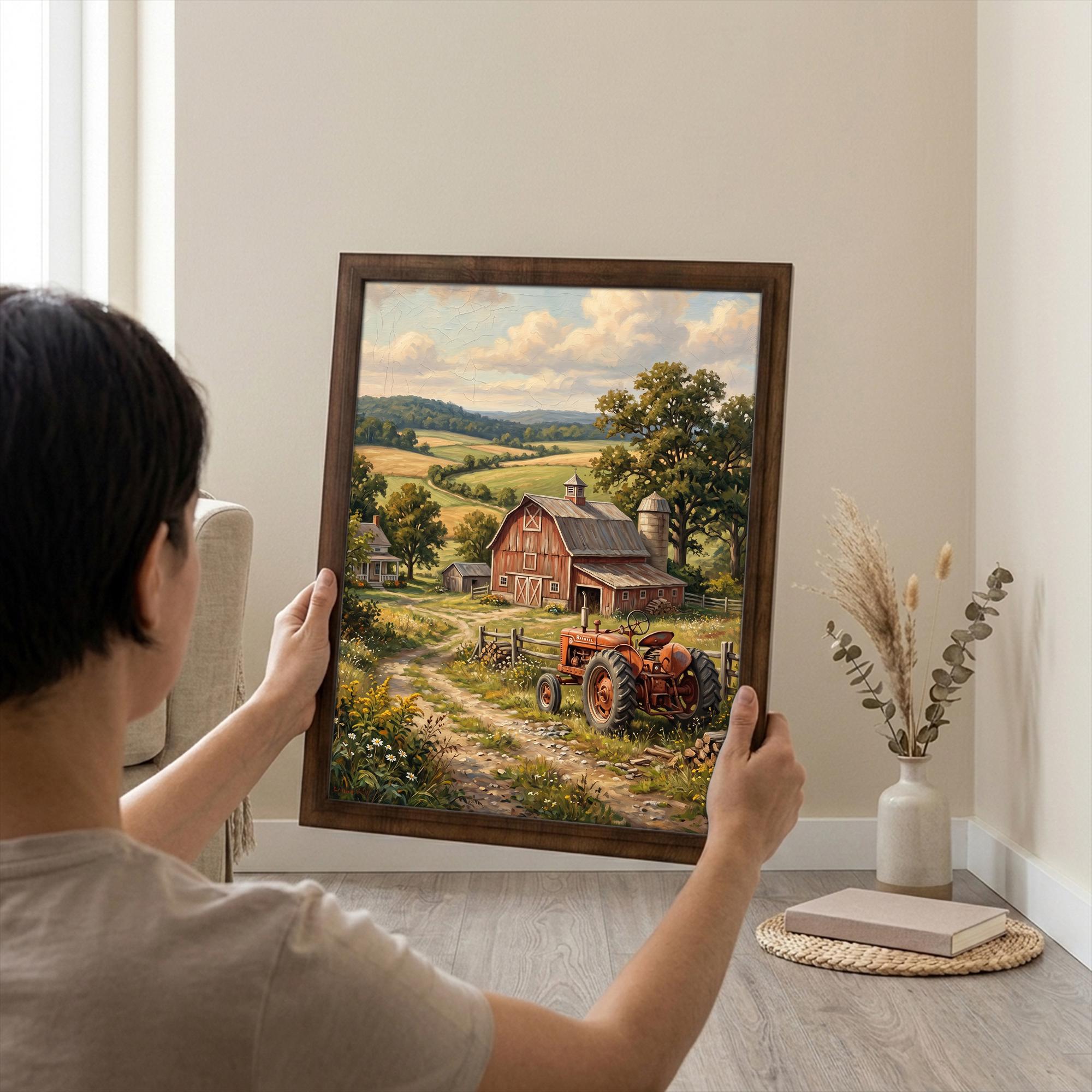 Farmhouse Wall Art, Red Barn Painting, Vintage Tractor Art, Country Landscape Decor, Canvas Wood Art, Cottagecore Decor, Rustic Nature Print