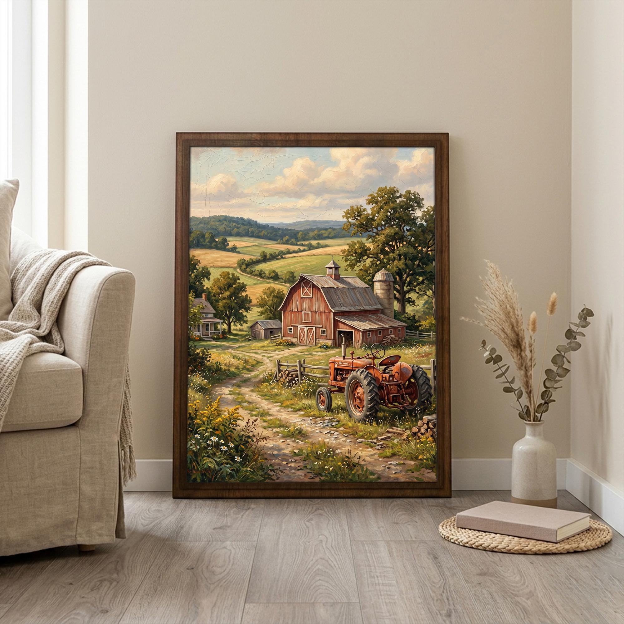 Farmhouse Wall Art, Red Barn Painting, Vintage Tractor Art, Country Landscape Decor, Canvas Wood Art, Cottagecore Decor, Rustic Nature Print