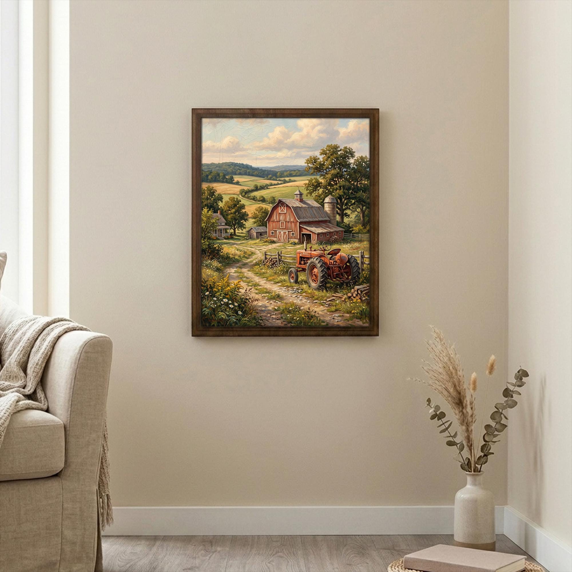 Farmhouse Wall Art, Red Barn Painting, Vintage Tractor Art, Country Landscape Decor, Canvas Wood Art, Cottagecore Decor, Rustic Nature Print