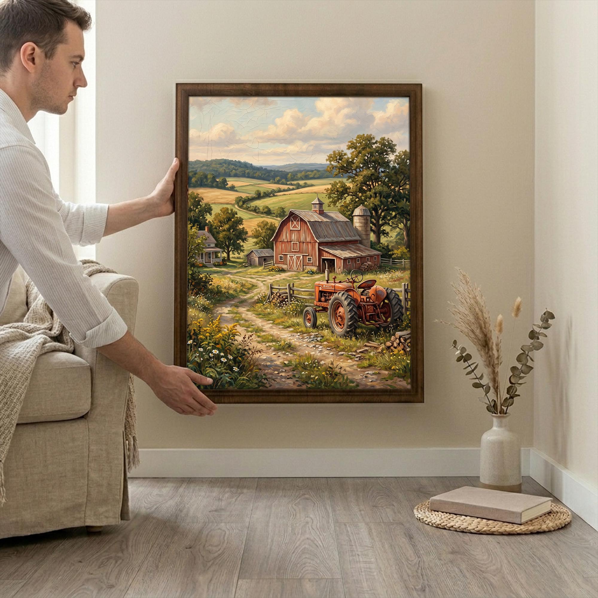 Farmhouse Wall Art, Red Barn Painting, Vintage Tractor Art, Country Landscape Decor, Canvas Wood Art, Cottagecore Decor, Rustic Nature Print