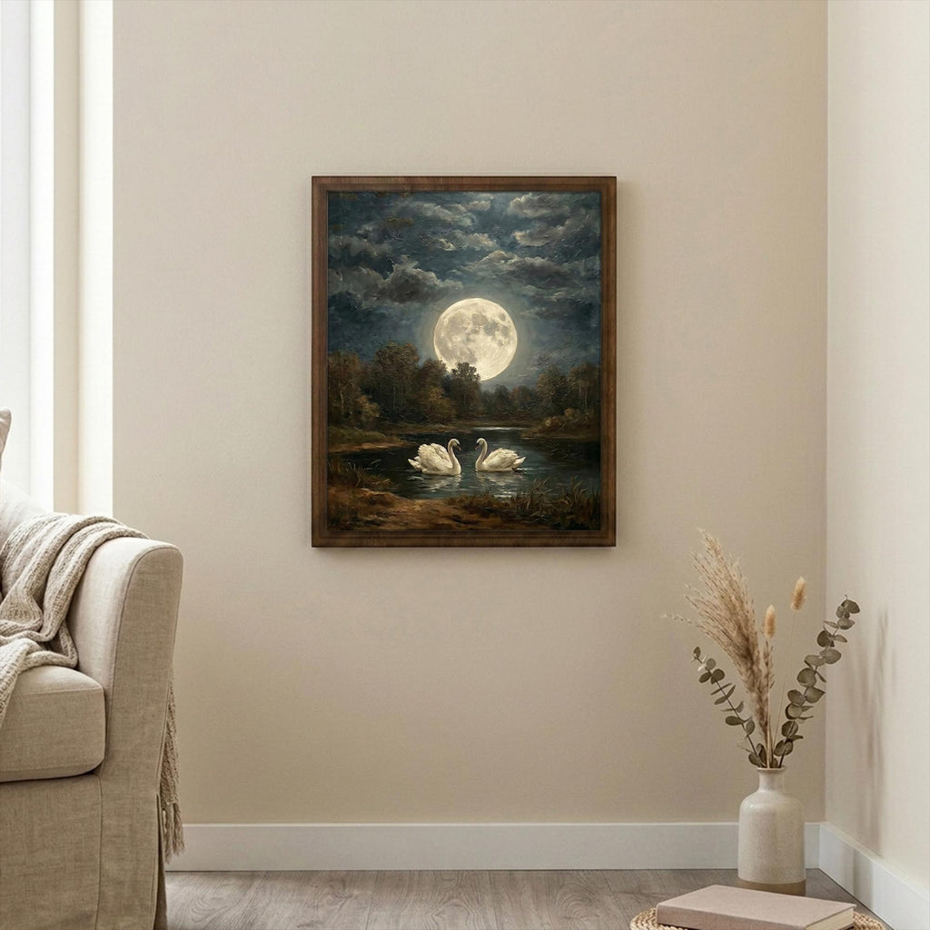 Framed Vintage Swan Painting, Large Moon Oil Painting Canvas, Antique Moonlight Wall Art, Dark Academia Decor, Celestial Night Landscape