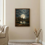 Framed Vintage Swan Painting, Large Moon Oil Painting Canvas, Antique Moonlight Wall Art, Dark Academia Decor, Celestial Night Landscape