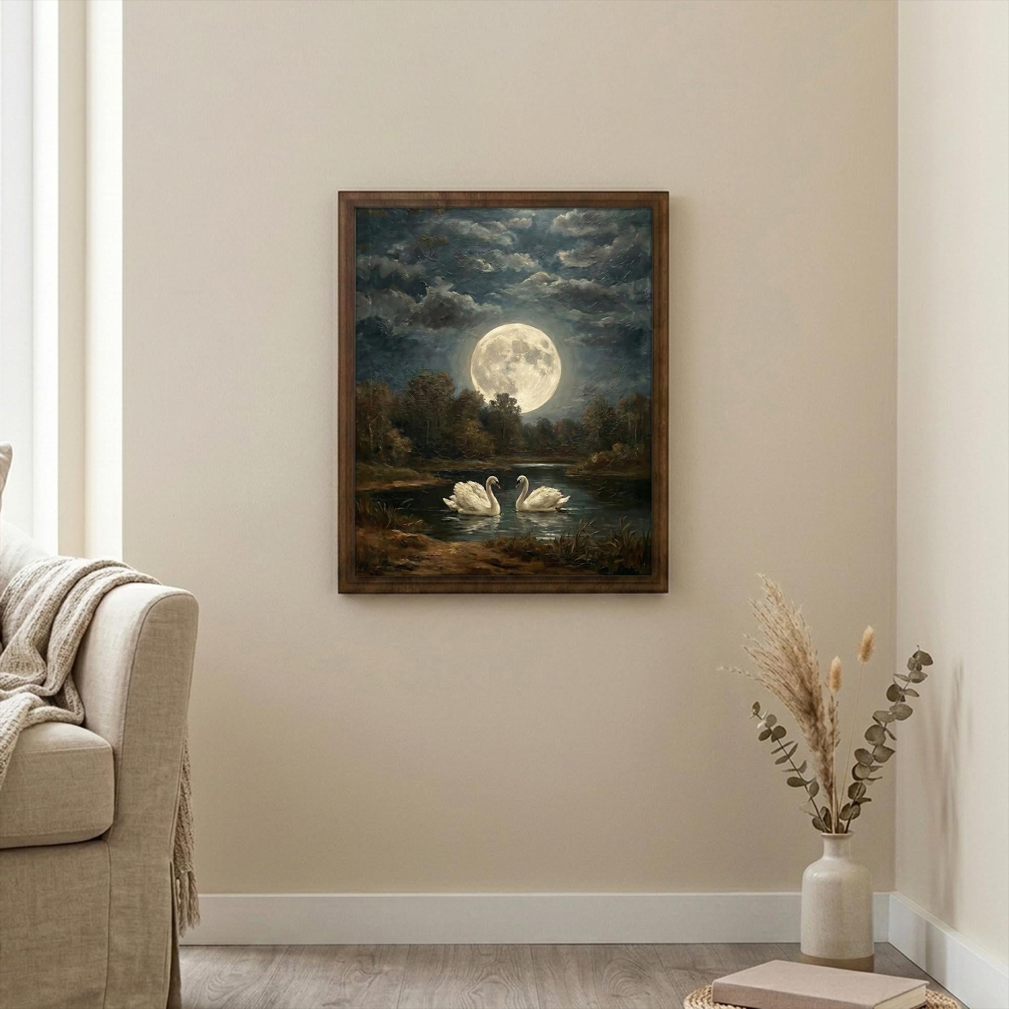 Framed Vintage Swan Painting, Large Moon Oil Painting Canvas, Antique Moonlight Wall Art, Dark Academia Decor, Celestial Night Landscape