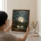 Framed Vintage Swan Painting, Large Moon Oil Painting Canvas, Antique Moonlight Wall Art, Dark Academia Decor, Celestial Night Landscape