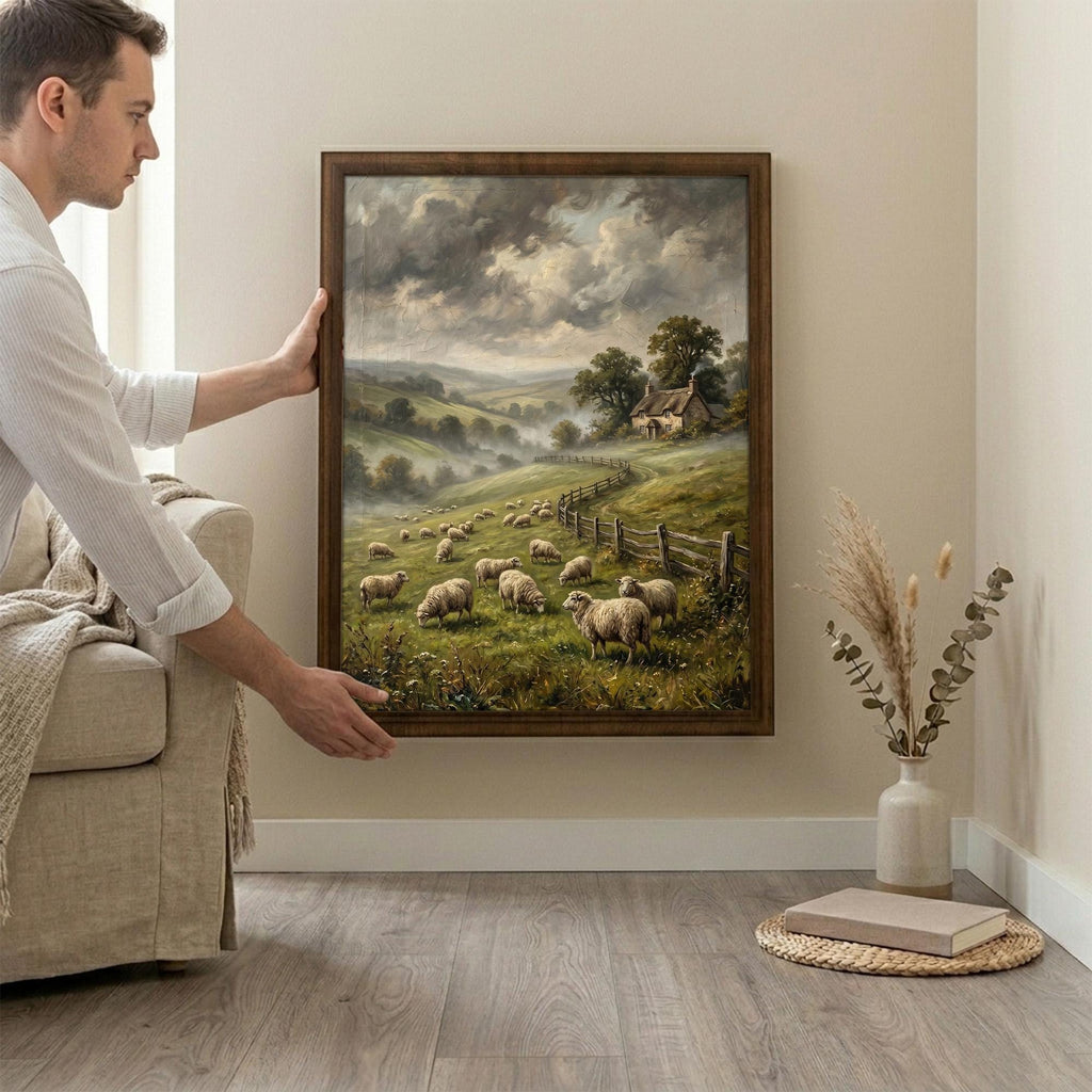 Sheep Oil Painting, Countryside Landscape Art, Farmhouse Wall Decor, Framed Canvas Wood Art, Cottagecore Decor, Rustic Nature, Vintage Print