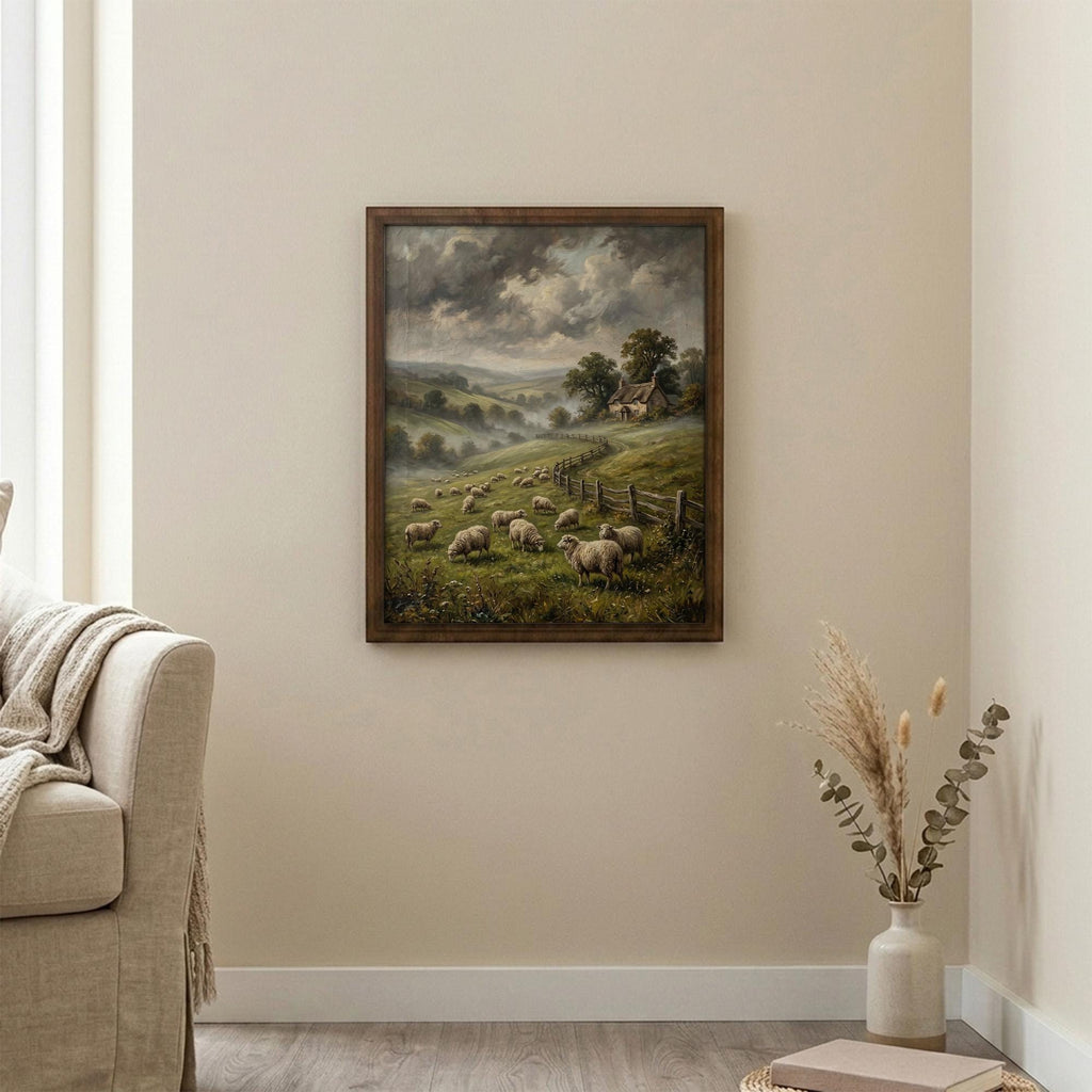 Sheep Oil Painting, Countryside Landscape Art, Farmhouse Wall Decor, Framed Canvas Wood Art, Cottagecore Decor, Rustic Nature, Vintage Print