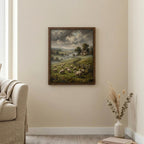 Sheep Oil Painting, Countryside Landscape Art, Farmhouse Wall Decor, Framed Canvas Wood Art, Cottagecore Decor, Rustic Nature, Vintage Print