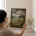 Sheep Oil Painting, Countryside Landscape Art, Farmhouse Wall Decor, Framed Canvas Wood Art, Cottagecore Decor, Rustic Nature, Vintage Print