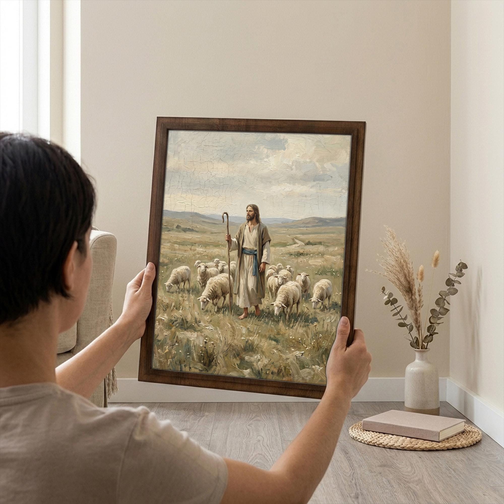 Jesus Good Shepherd, Christian Wall Art, Religious Oil Painting, Scripture Home Decor, Framed Canvas Wood Art, Catholic Gifts, Christ Print