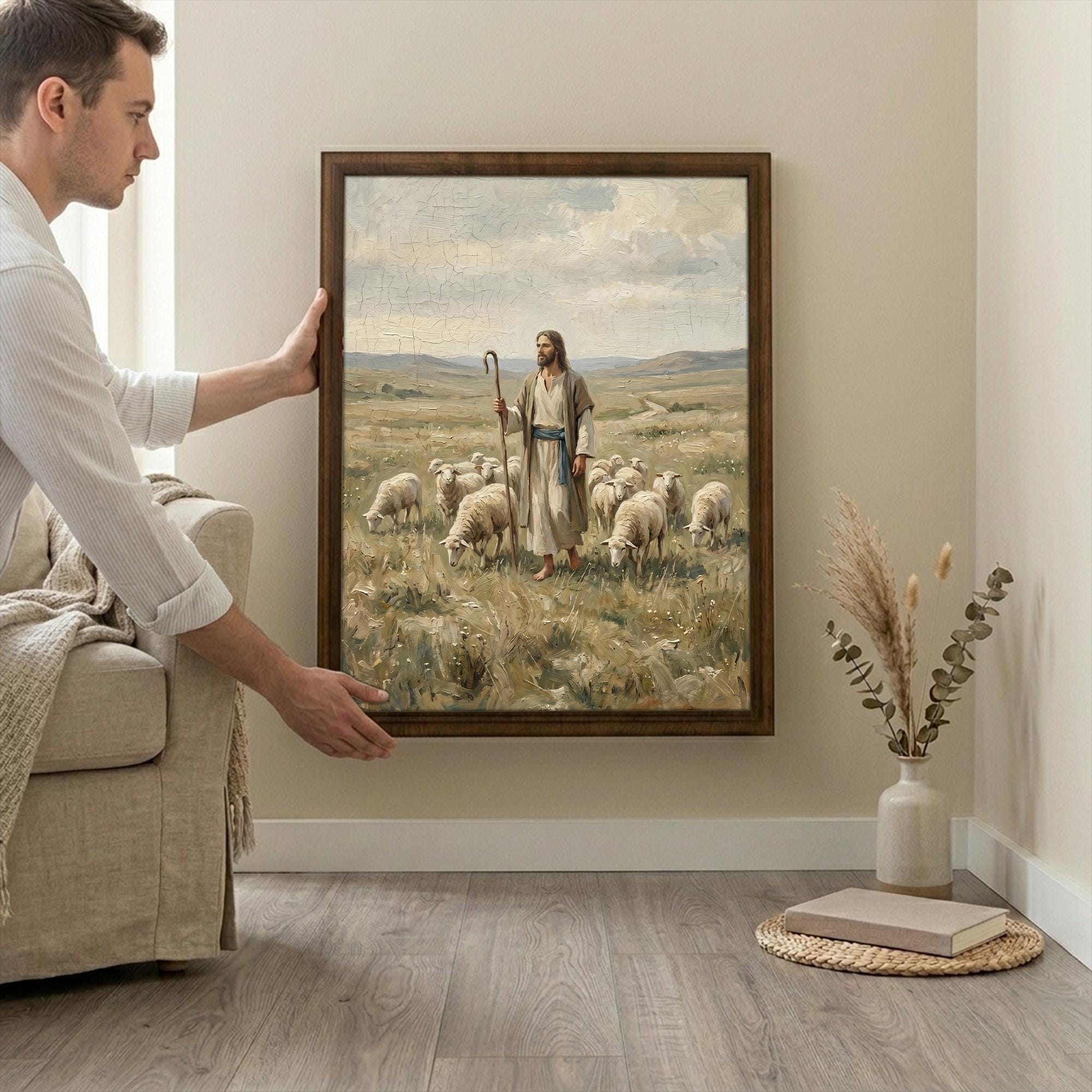 Jesus Good Shepherd, Christian Wall Art, Religious Oil Painting, Scripture Home Decor, Framed Canvas Wood Art, Catholic Gifts, Christ Print