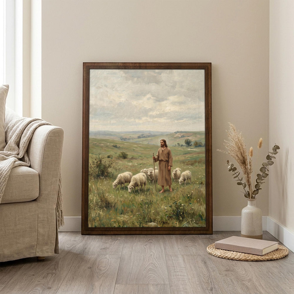 Jesus Good Shepherd, Christian Wall Art, Religious Oil Painting, Scripture Home Decor, Framed Canvas Wood Art, Catholic Gifts, Christ Print